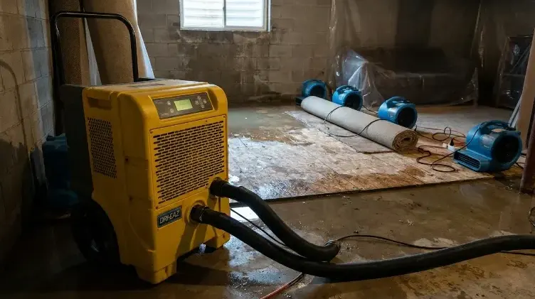 Dehumidifier hose and air movers running in a wet basement with rolled carpet