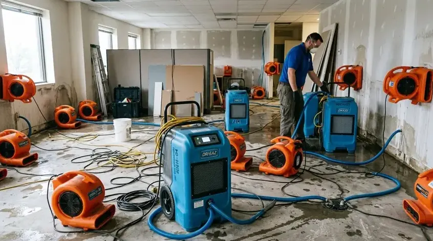Technician setting dehumidifiers among air movers in a gutted office